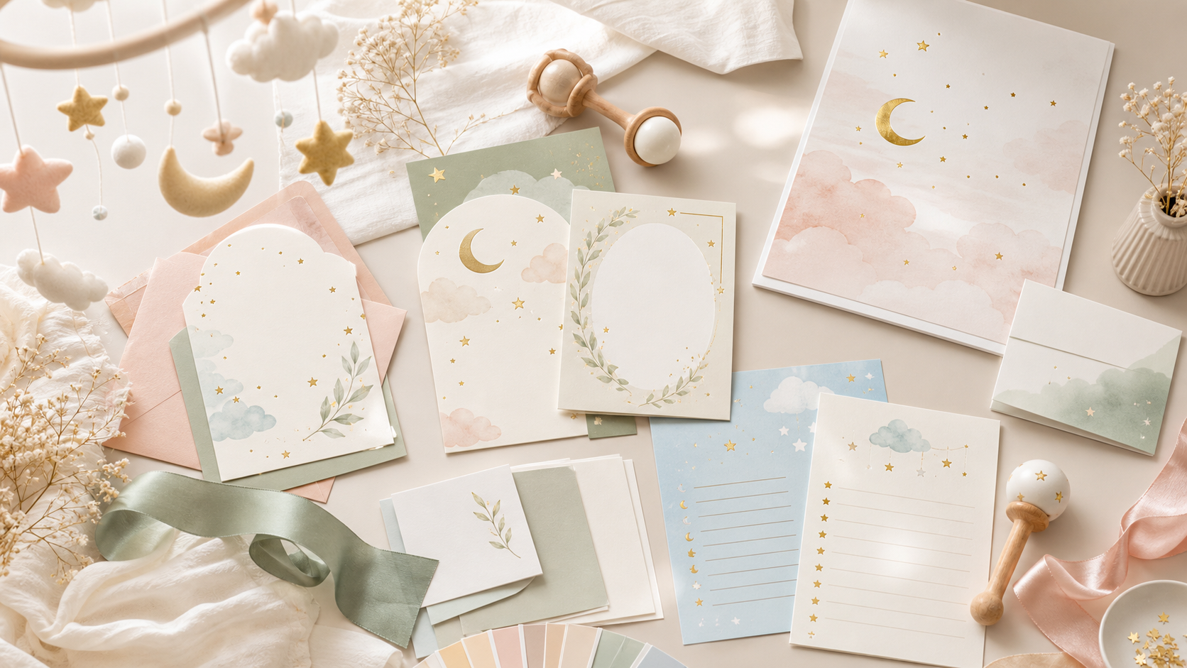 Baby shower stationery flat lay with invitations and printable party templates